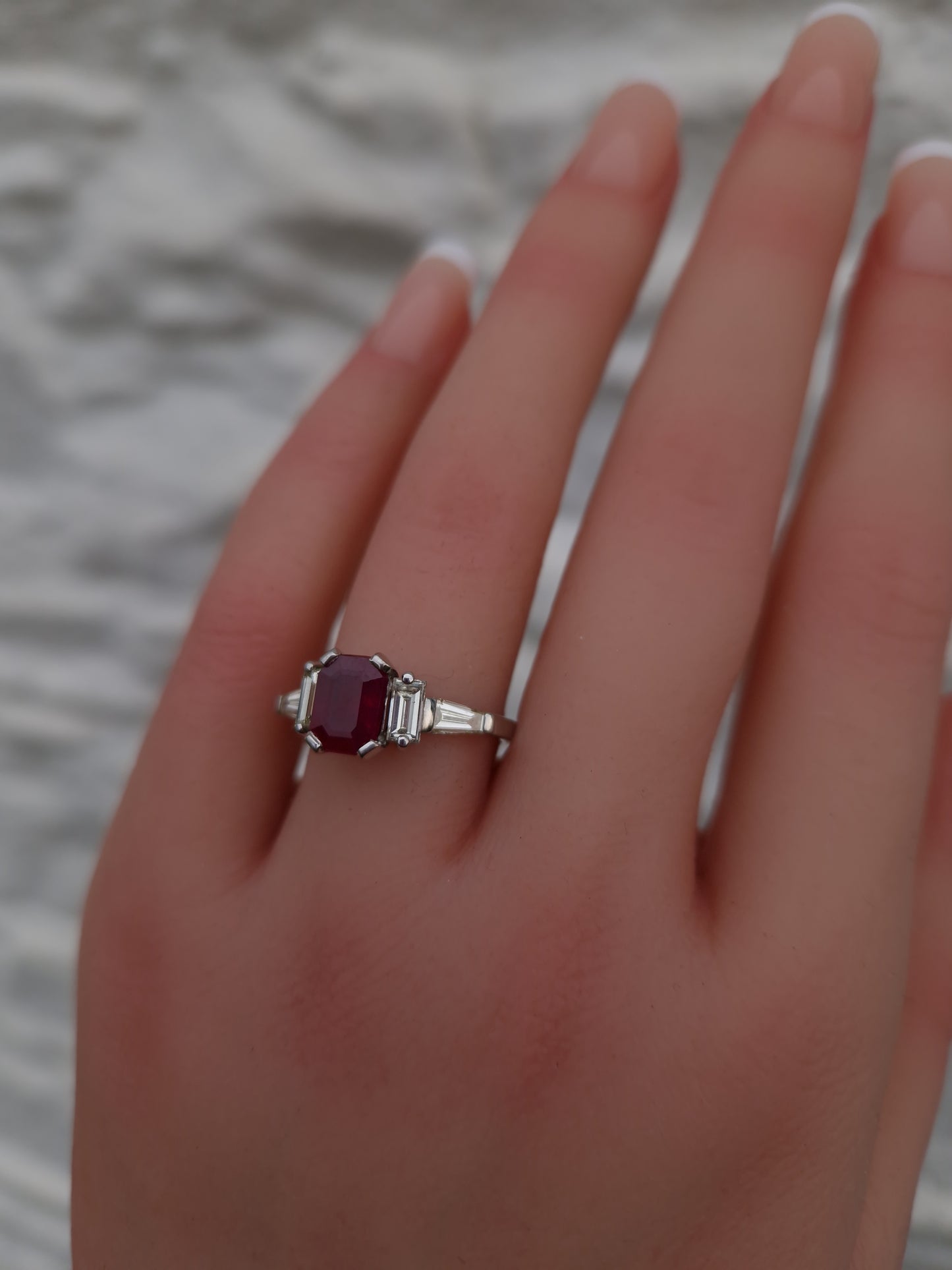 Art Deco Style Engagement Ring Ruby Diamond 18ct White Gold