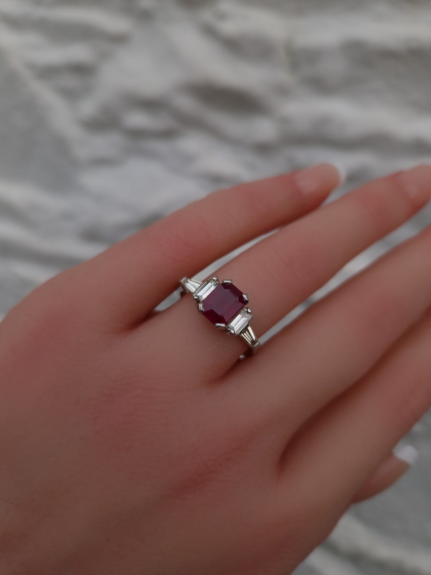 Art Deco Style Engagement Ring Ruby Diamond 18ct White Gold