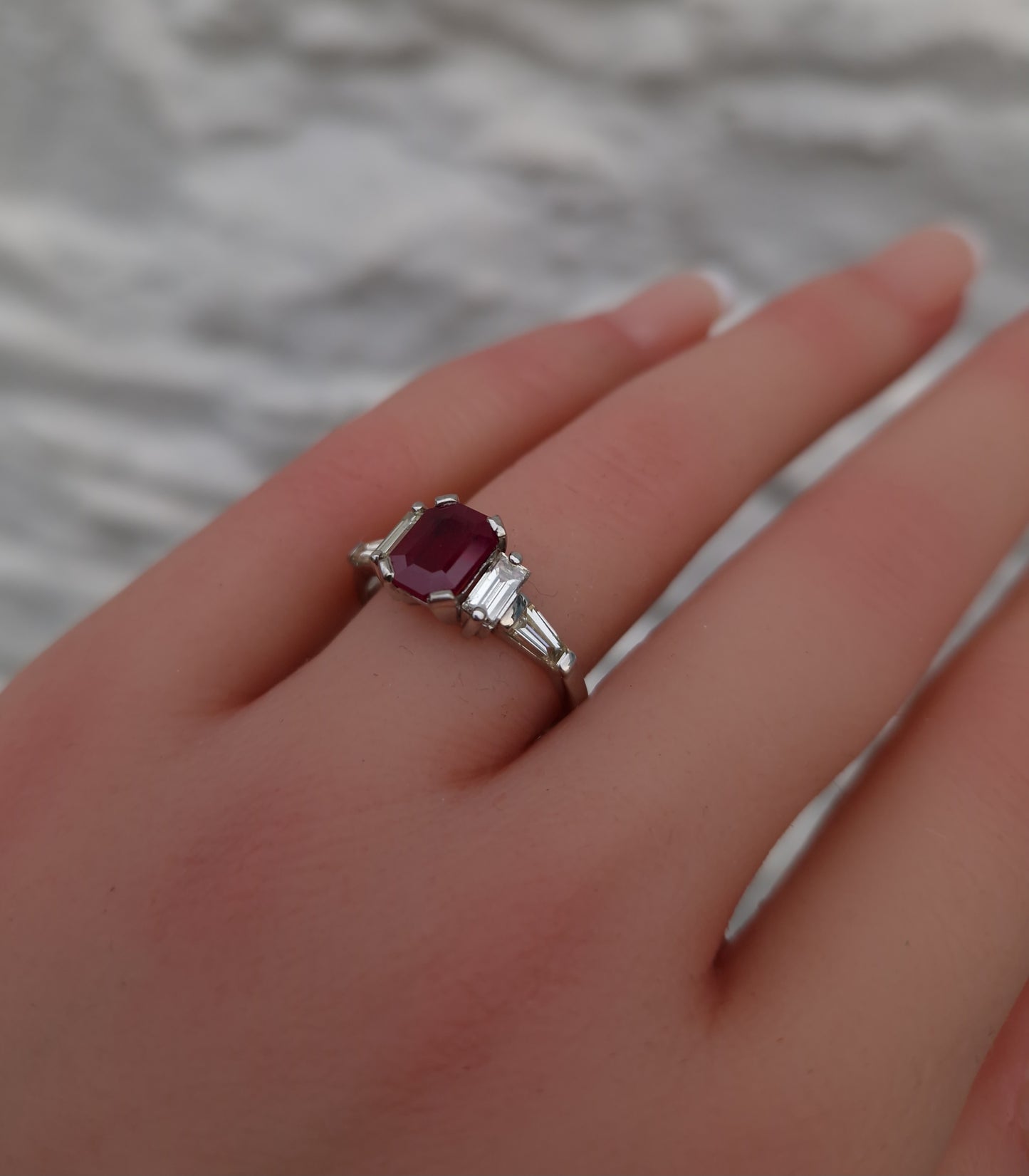 Art Deco Style Engagement Ring Ruby Diamond 18ct White Gold