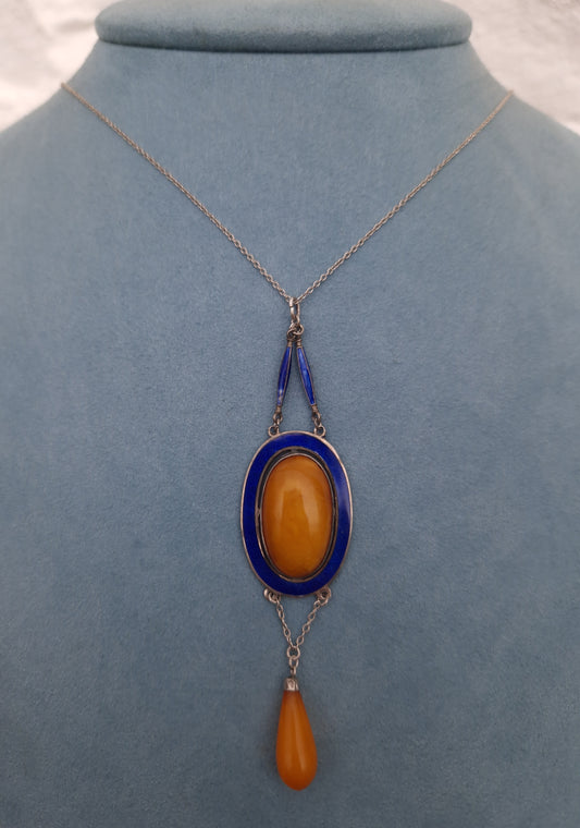 Antique Art Deco Enamel & Butterscotch Amber Silver Necklace