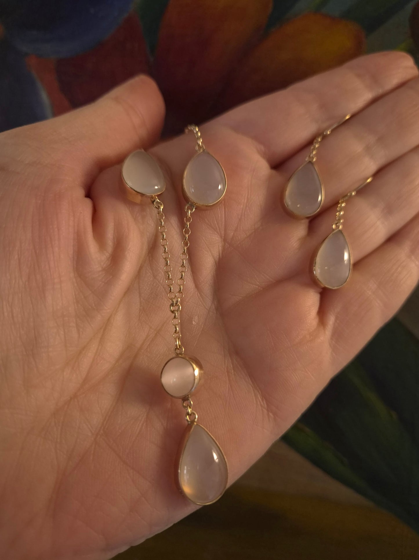 Vintage 9ct Gold Moonstone Necklace & Earring set