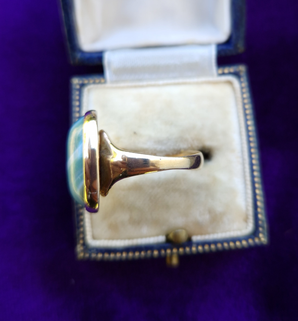 Vintage Green Banded Agate Ring 9ct Gold