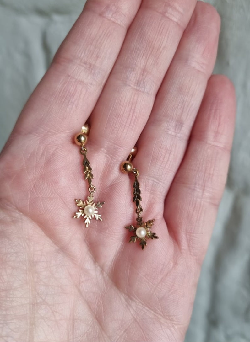 Vintage Snowflake Pearl Drop Earrings 9ct Gold
