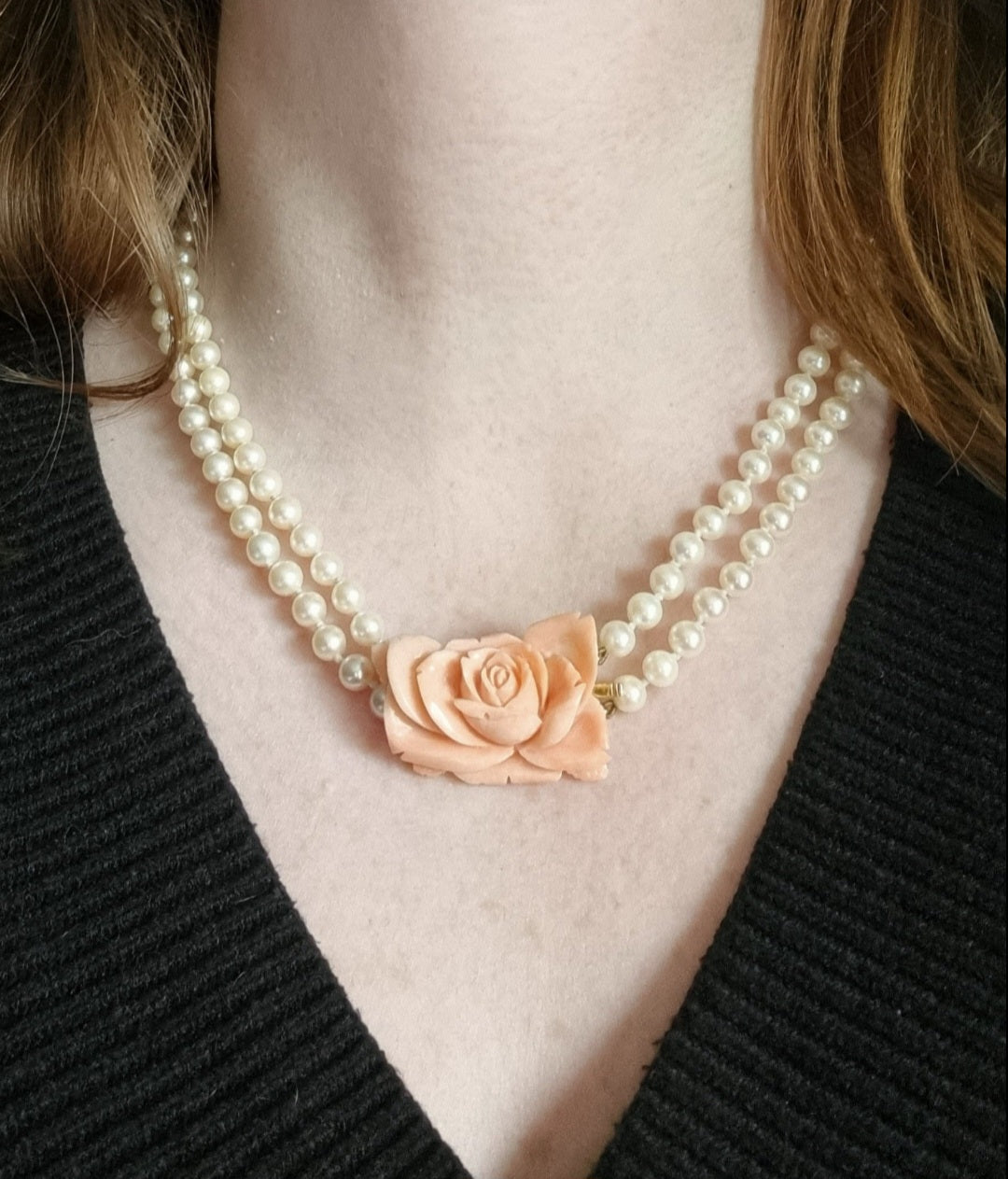 Vintage Double Pearl Strand Necklace 9ct Gold Coral Clasp
