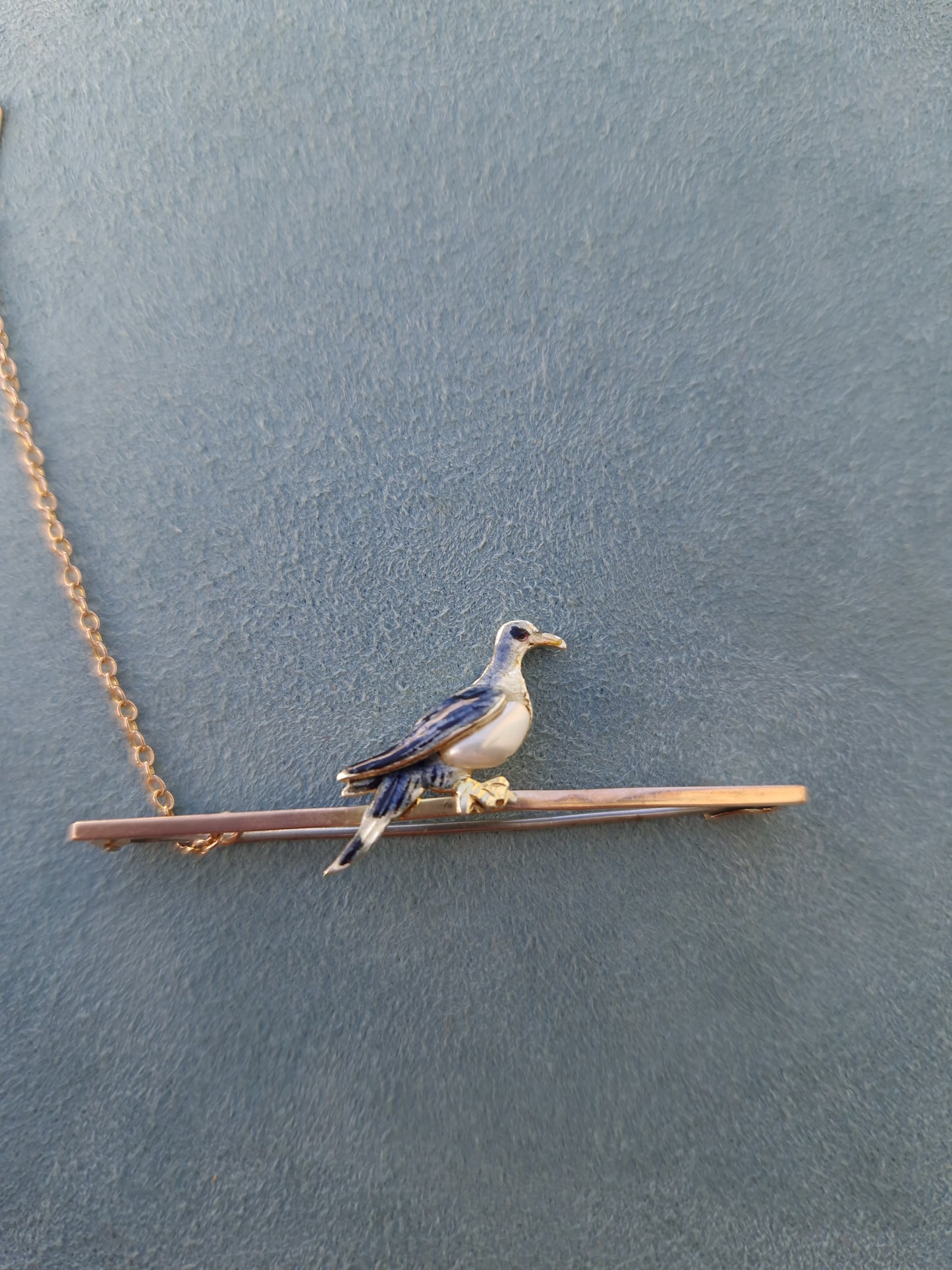 Antique Enamel & Pearl Pigeon Bar Brooch 9ct Gold