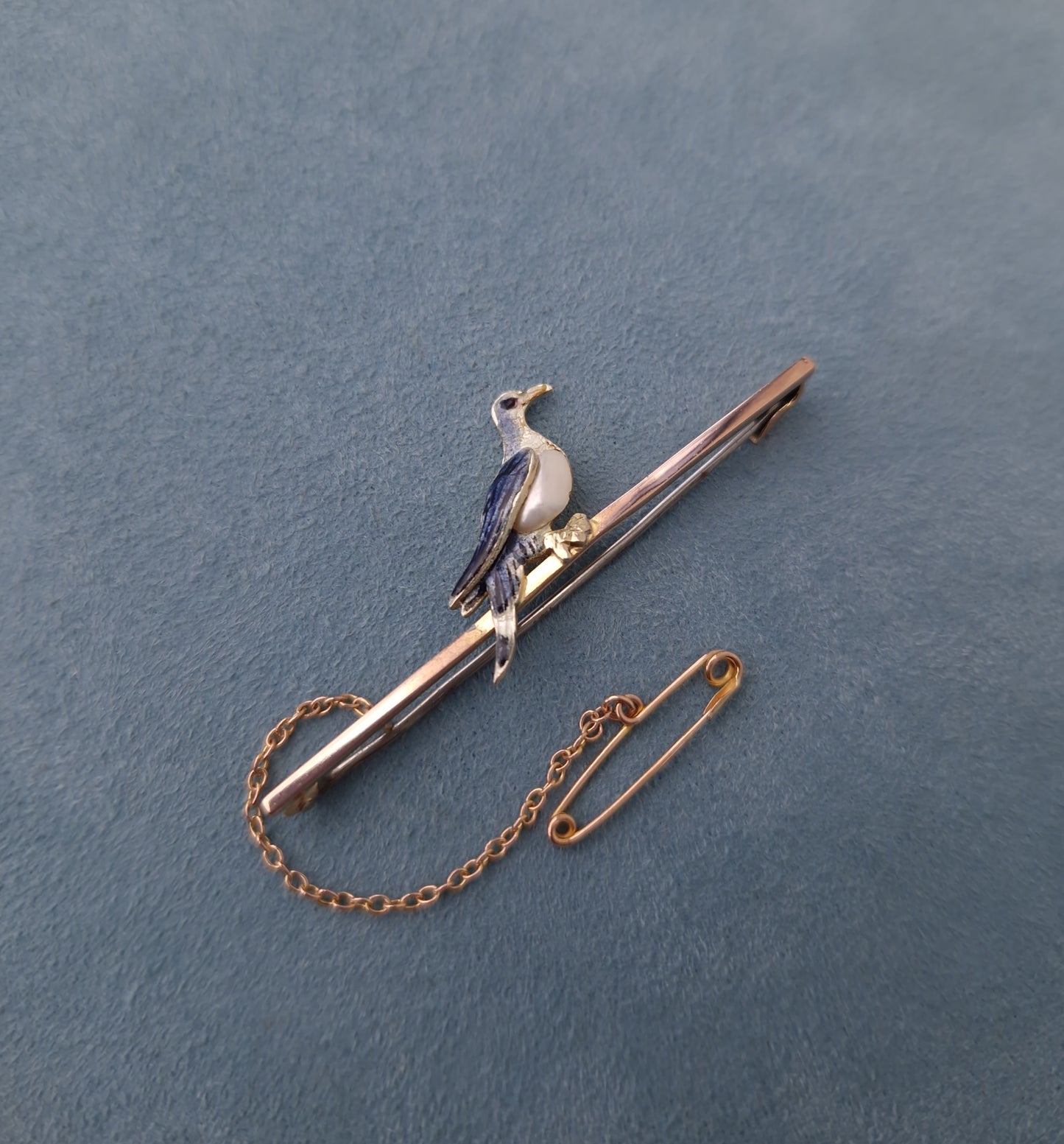 Antique Enamel & Pearl Pigeon Bar Brooch 9ct Gold