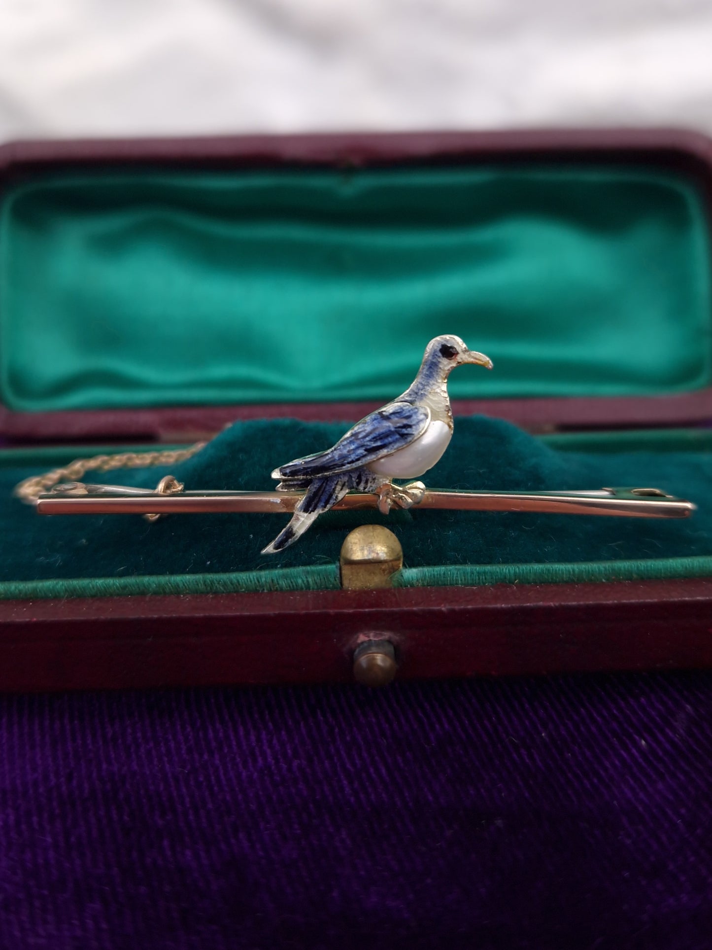 Antique Enamel & Pearl Pigeon Bar Brooch 9ct Gold