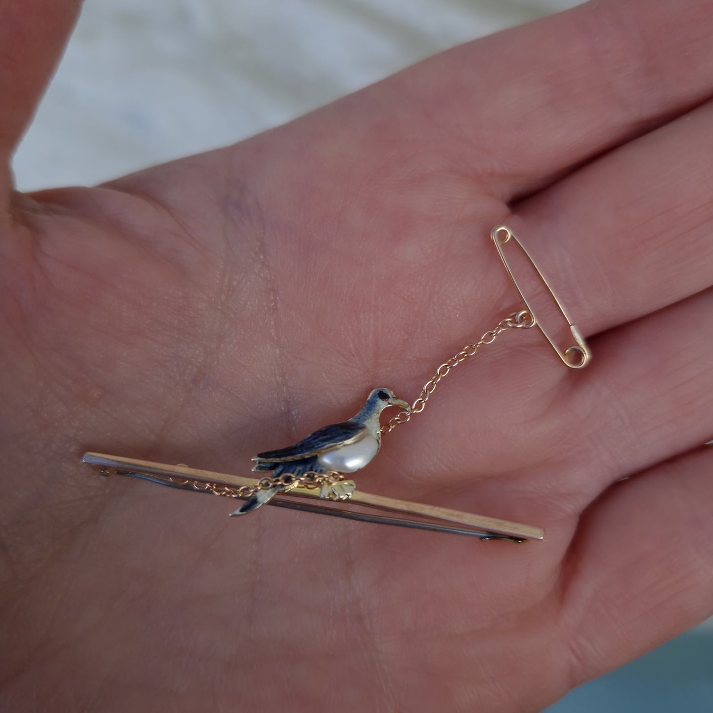 Antique Enamel & Pearl Pigeon Bar Brooch 9ct Gold