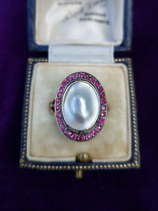 Antique 1840 French Ruby & Pearl 18ct Gold & Silver Ring