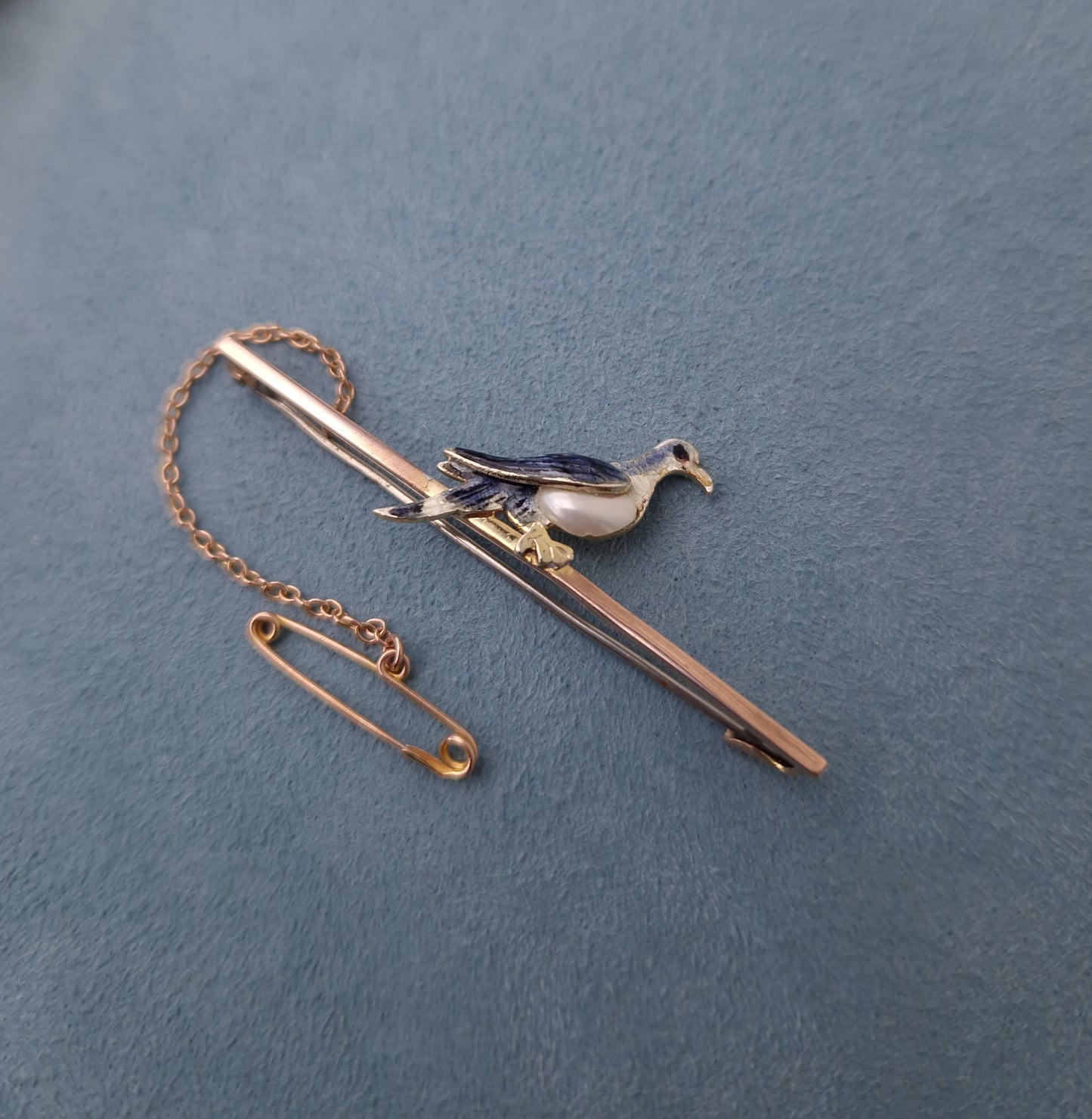 Antique Enamel & Pearl Pigeon Bar Brooch 9ct Gold