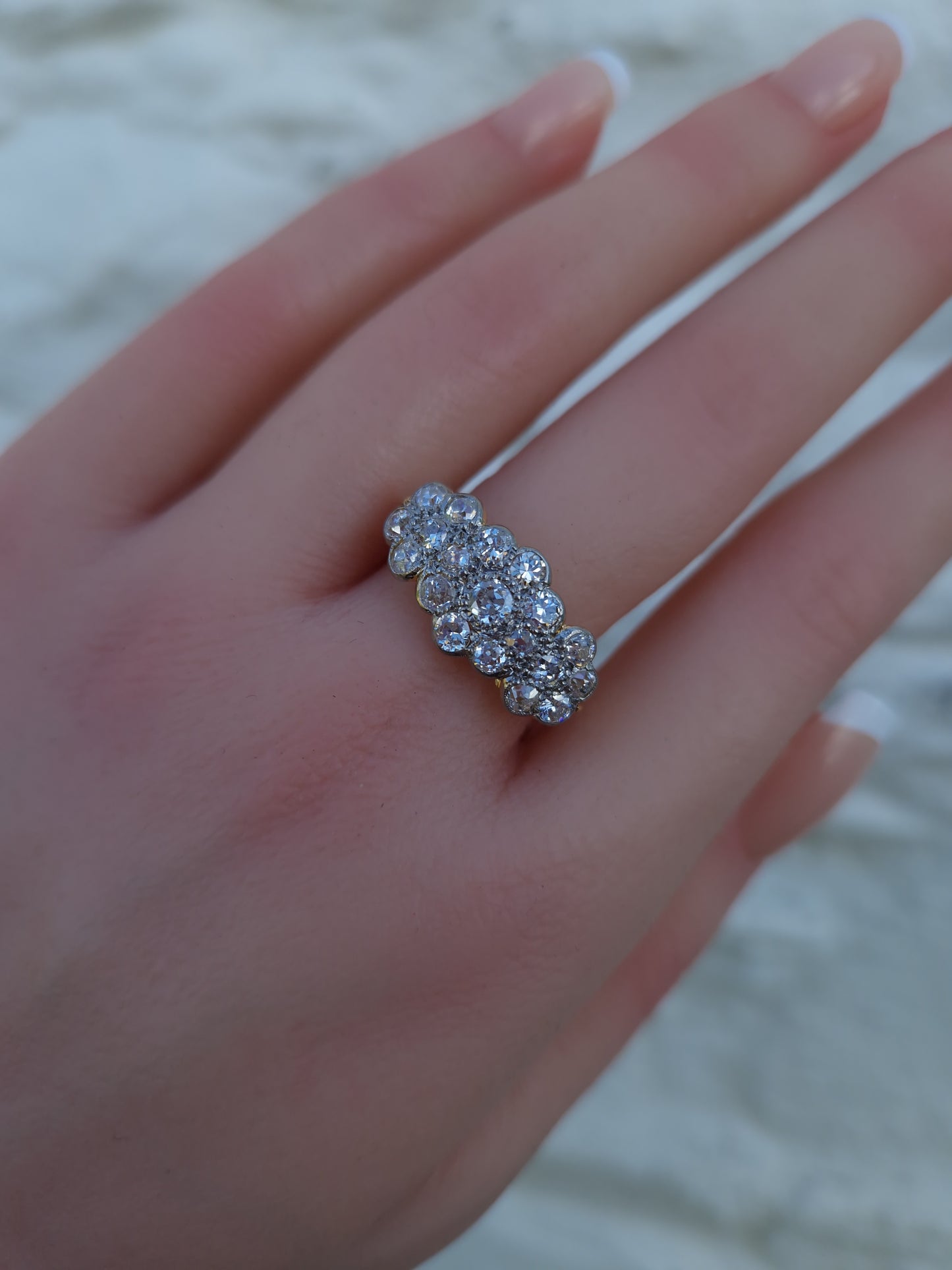 Art Deco 1.54ct Diamond Triple Daisy Cluster Ring 18ct Gold