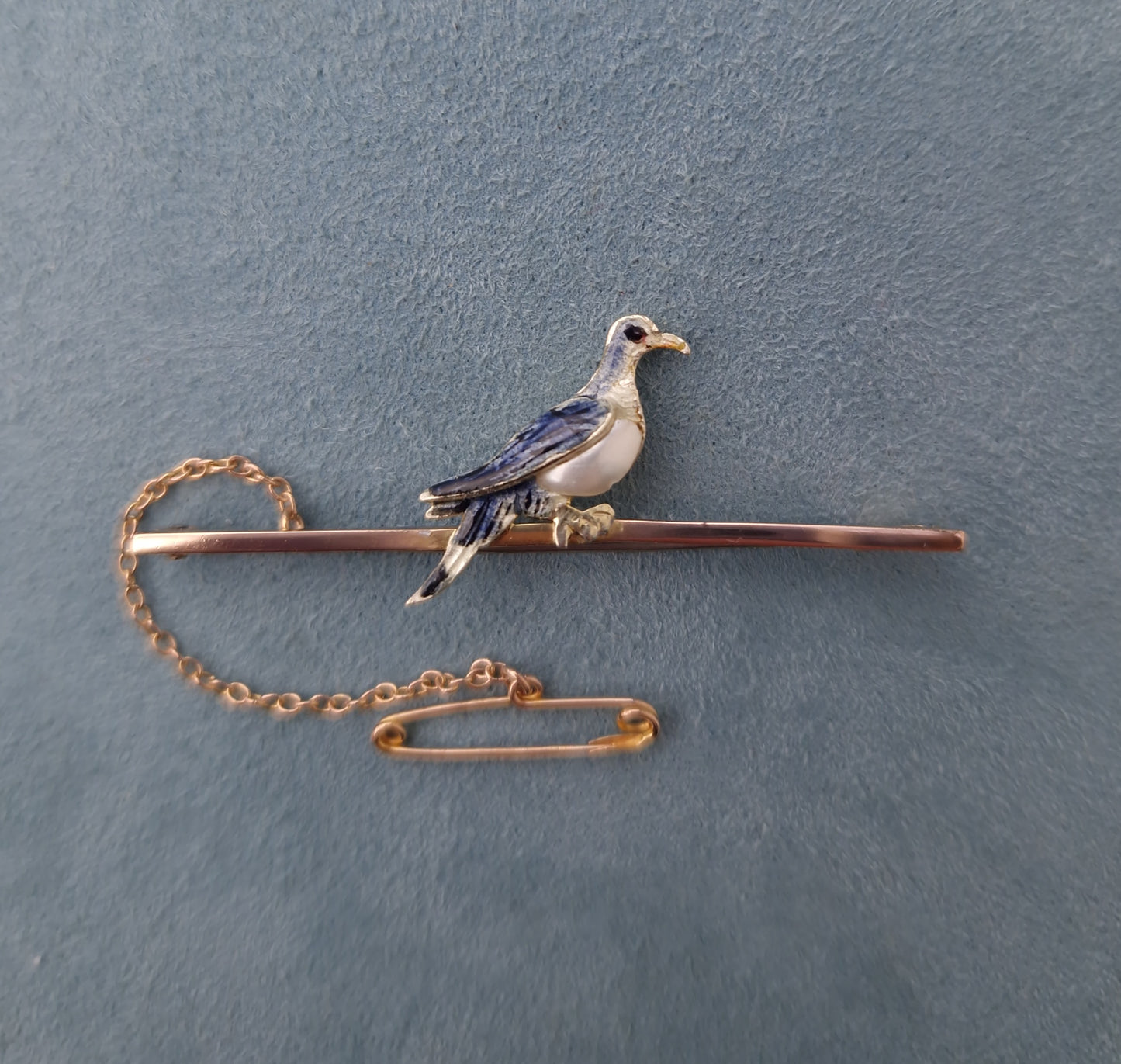 Antique Enamel & Pearl Pigeon Bar Brooch 9ct Gold