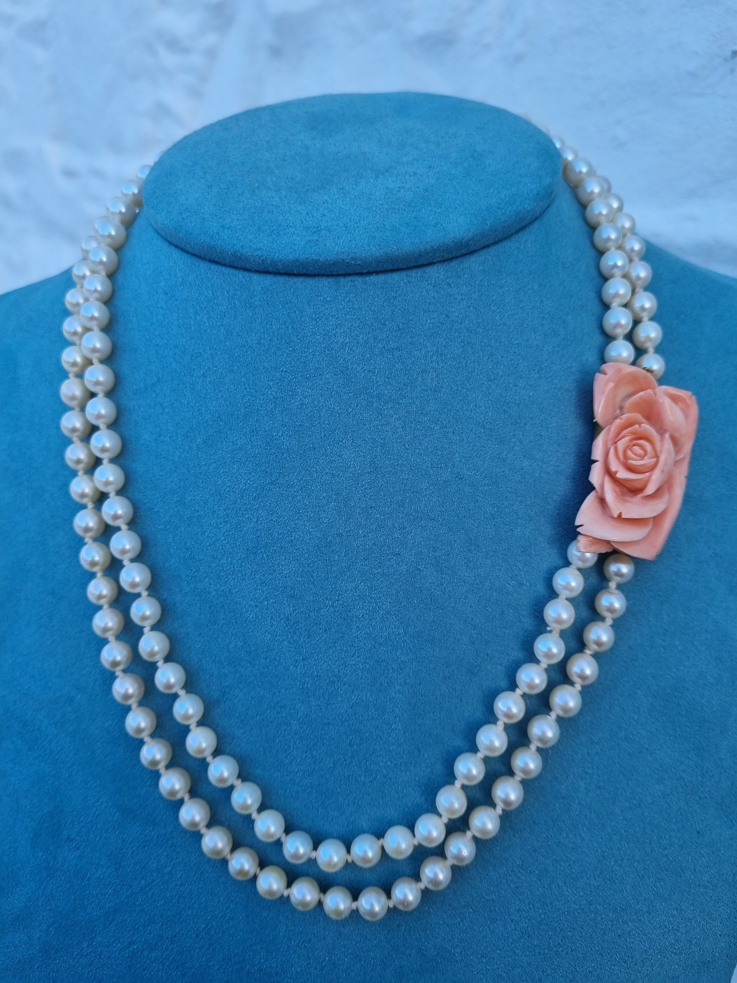 Vintage Double Pearl Strand Necklace 9ct Gold Coral Clasp
