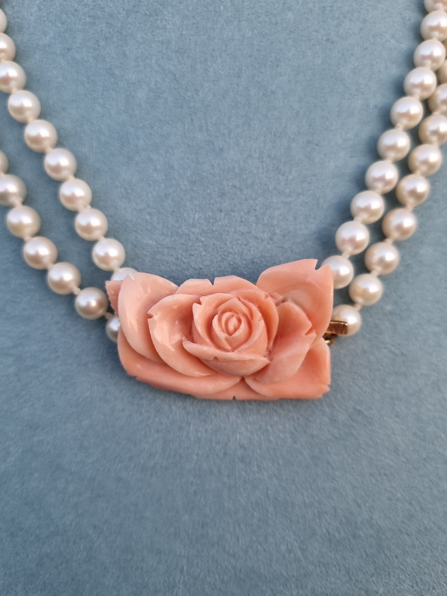 Vintage Double Pearl Strand Necklace 9ct Gold Coral Clasp