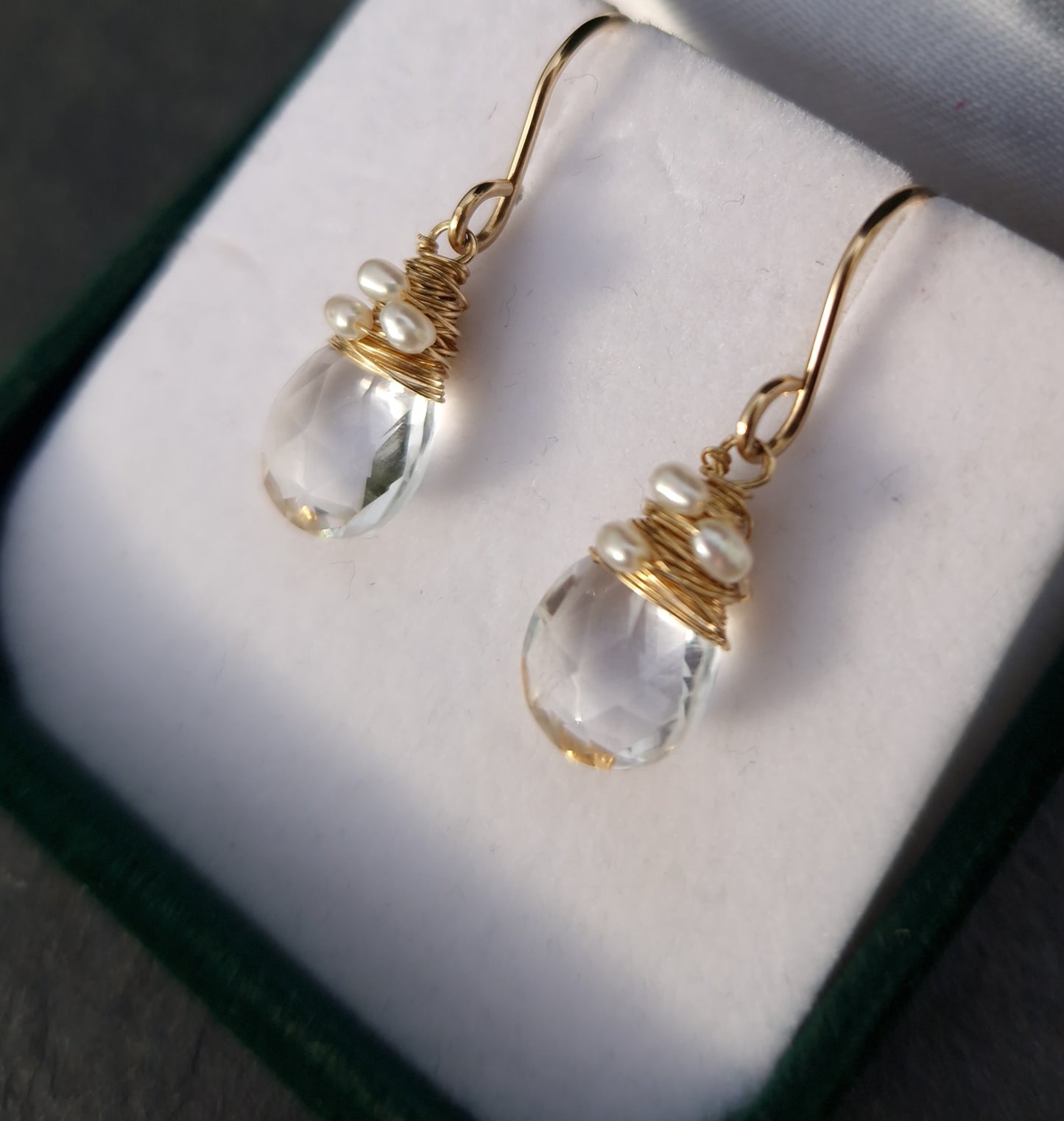 Rock Crystal Quartz & Pearl 9ct Gold Drop Earrings