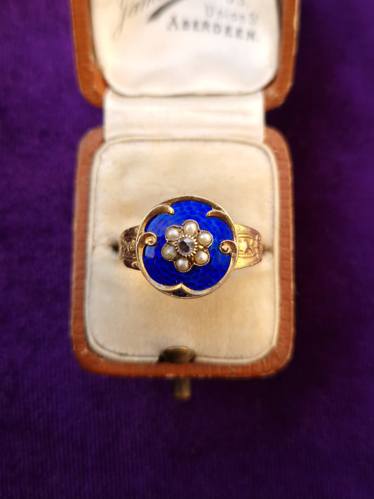 Antique Georgian 15ct Gold Enamel Diamond Pearl Pansy Ring