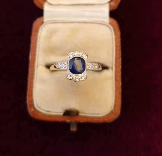 Art Deco Sapphire Diamond 18ct Gold Platinum Ring