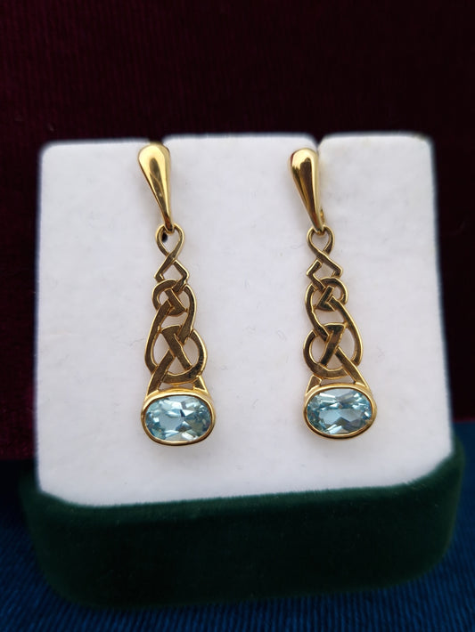 Vintage 9ct Gold Blue Topaz Drop Earrings by Ortak