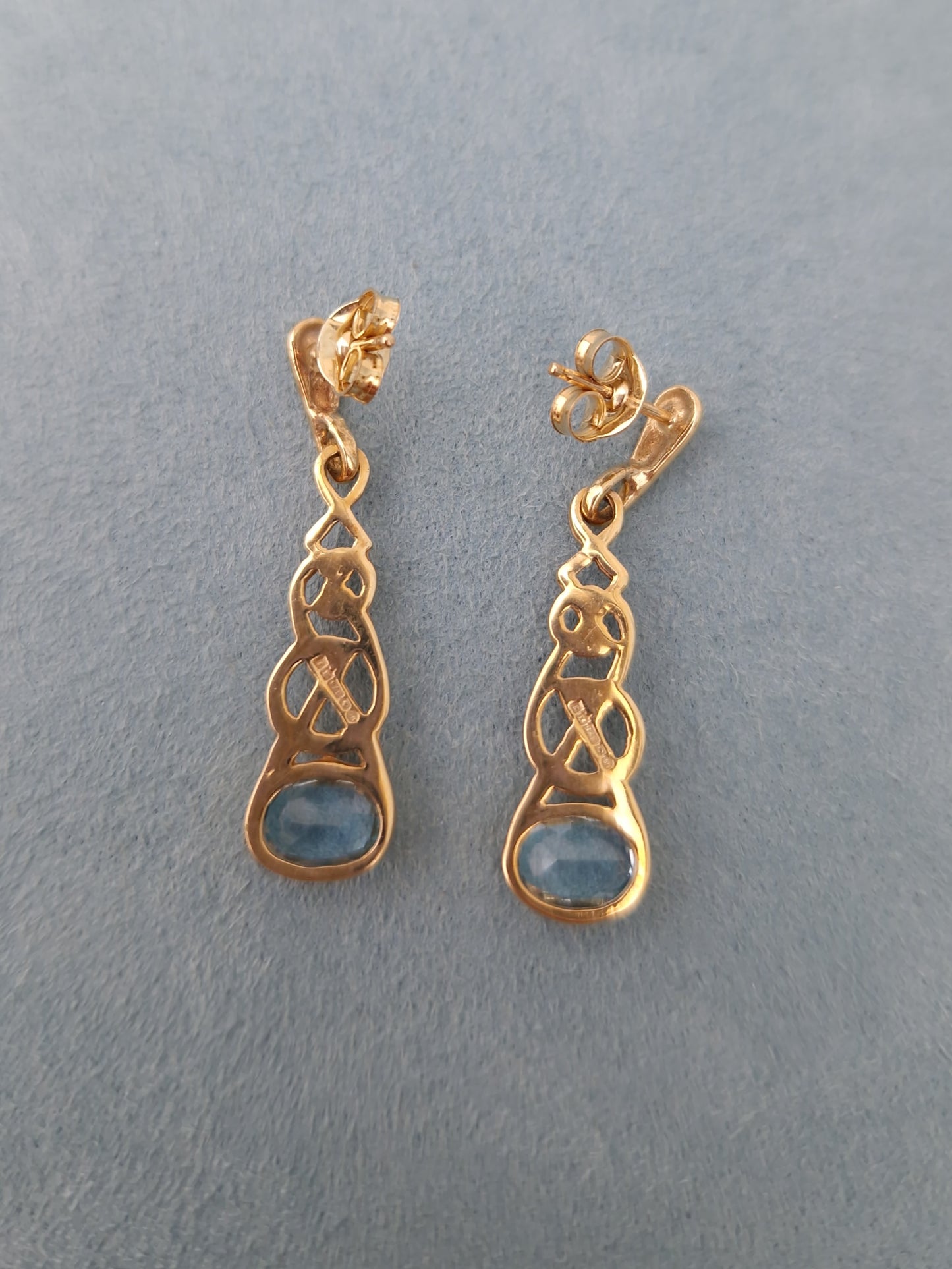 Vintage 9ct Gold Blue Topaz Drop Earrings by Ortak