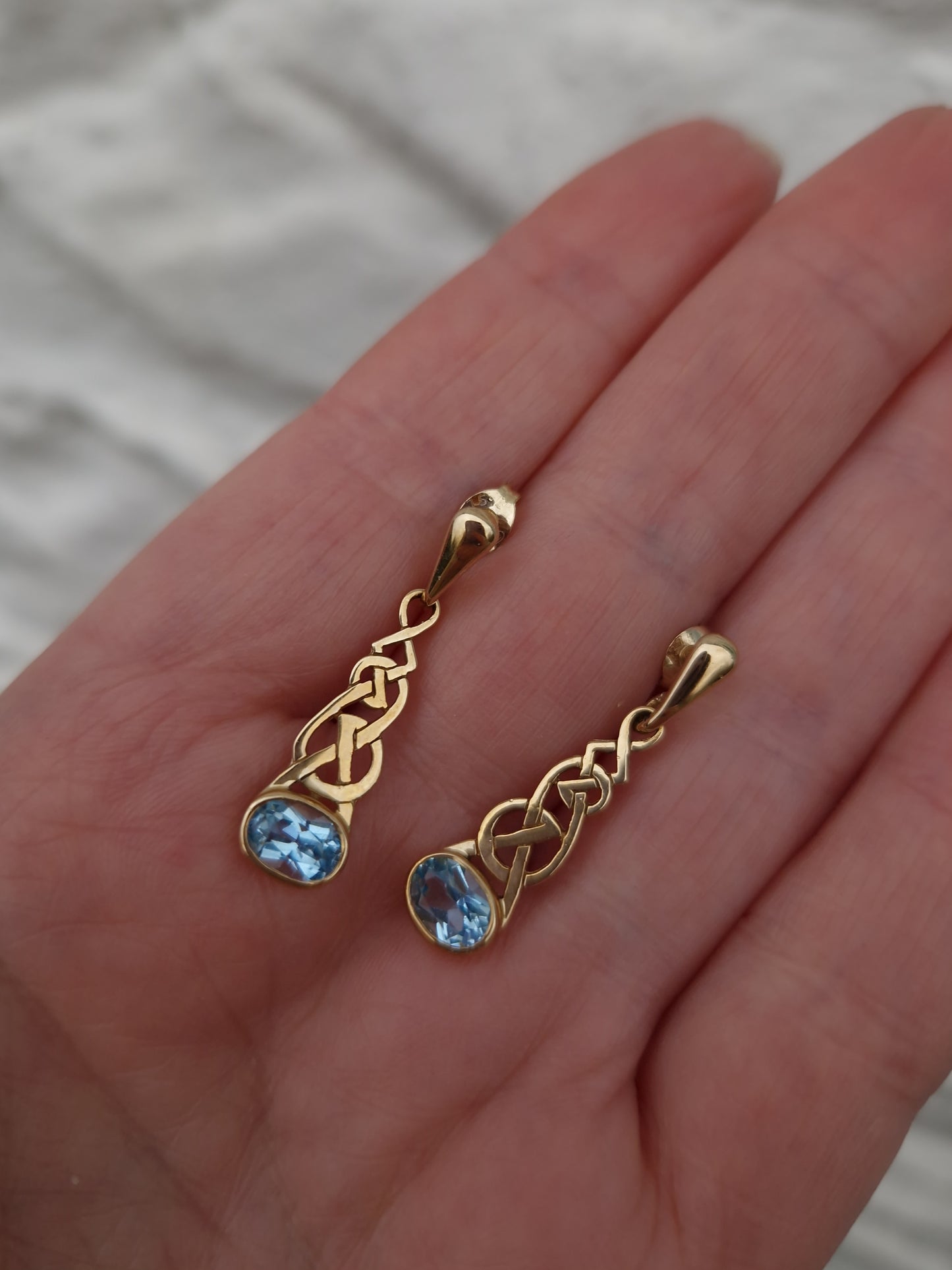 Vintage 9ct Gold Blue Topaz Drop Earrings by Ortak