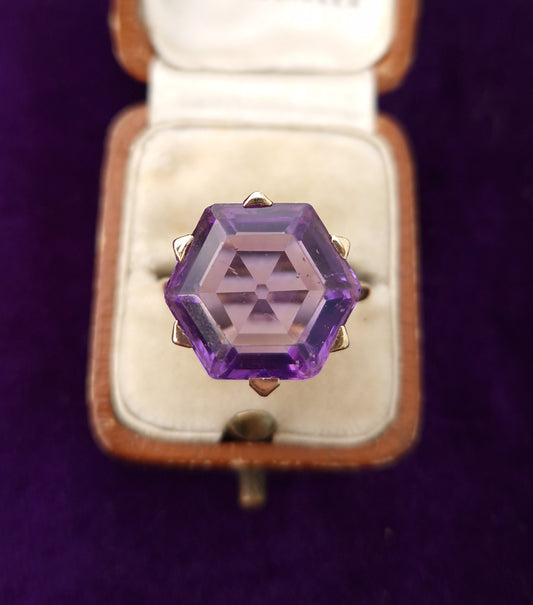 Vintage Hexagon Amethyst 9ct Gold Cocktail Ring
