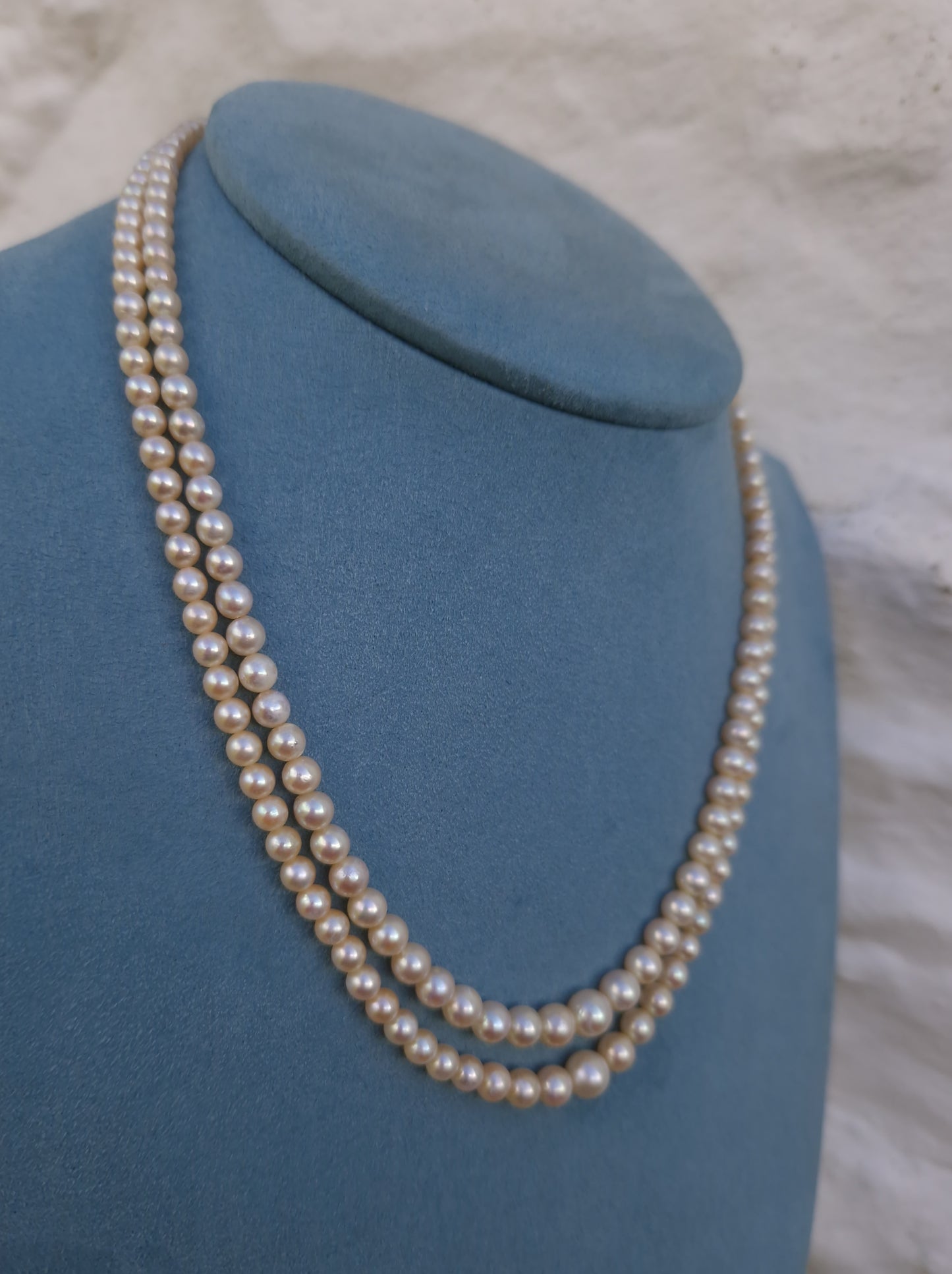 Vintage 1940s Pearl Necklace Double Strand 9ct Gold Diamond Clasp