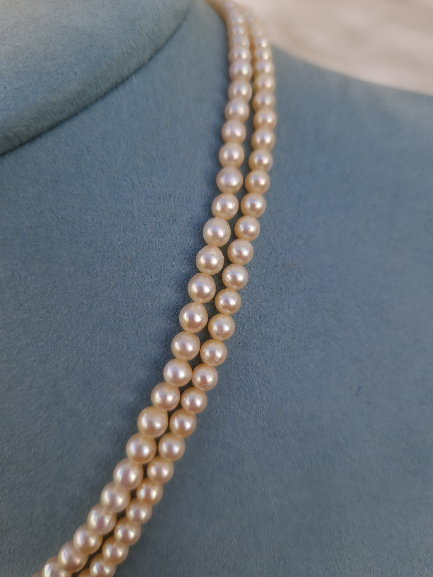 Vintage 1940s Pearl Necklace Double Strand 9ct Gold Diamond Clasp