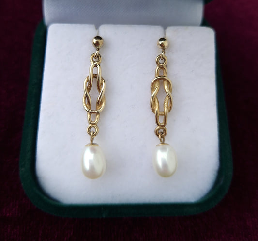 Vintage 9ct Gold Love Knot Pearl Drop Earrings