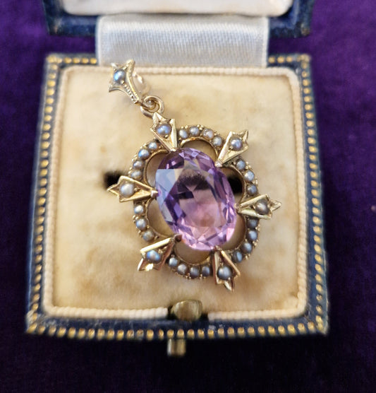 Antique Amethyst Pearl 9ct Gold Pendant