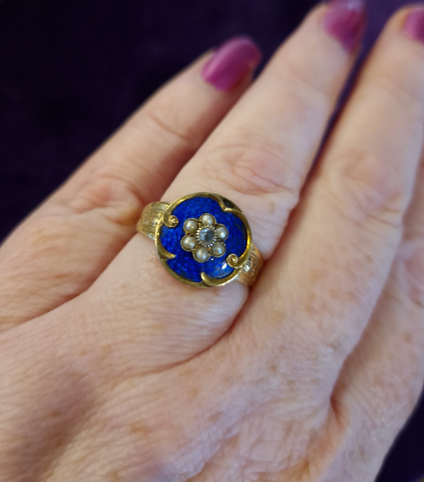 Antique Georgian 15ct Gold Enamel Diamond Pearl Pansy Ring