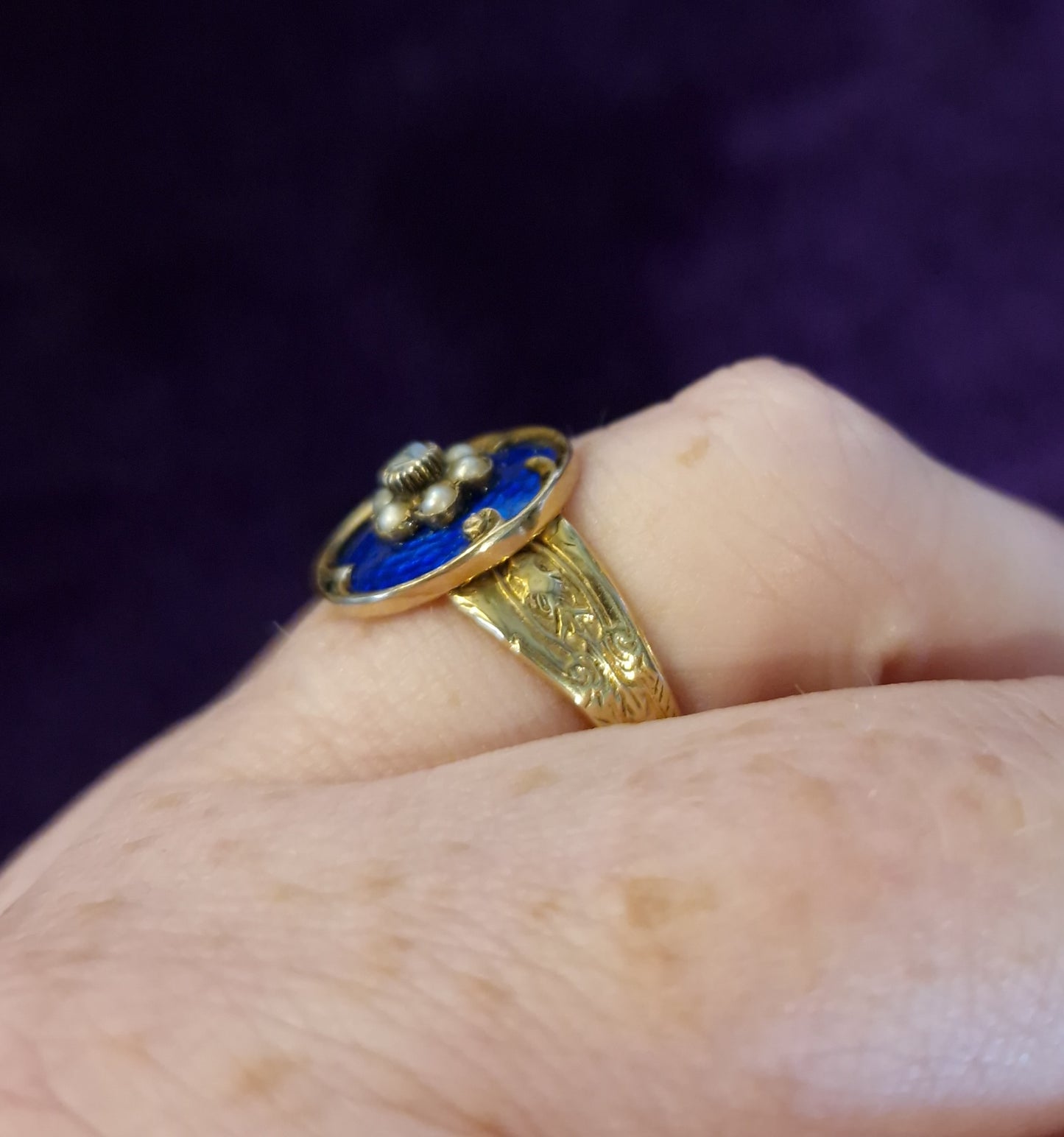 Antique Georgian 15ct Gold Enamel Diamond Pearl Pansy Ring