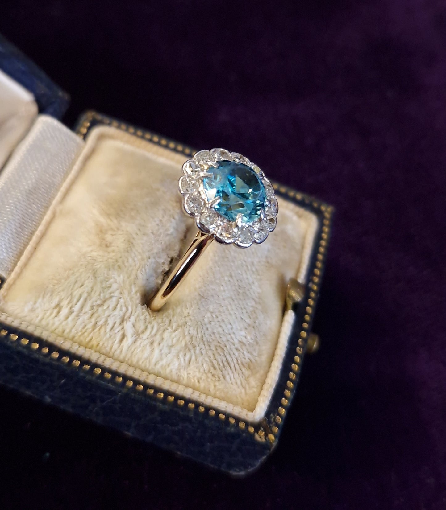 Vintage Blue Zircon Diamond Ring 18ct Gold Platinum