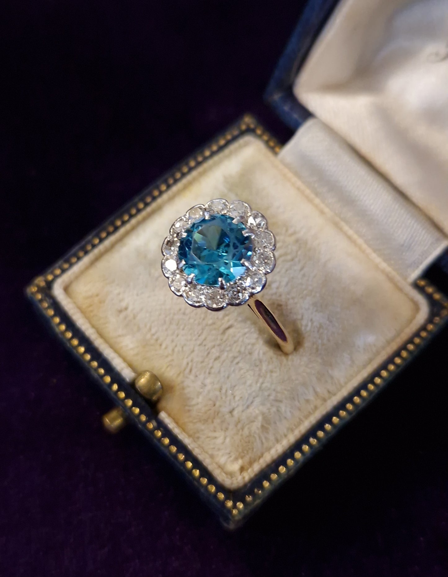 Vintage Blue Zircon Diamond Ring 18ct Gold Platinum