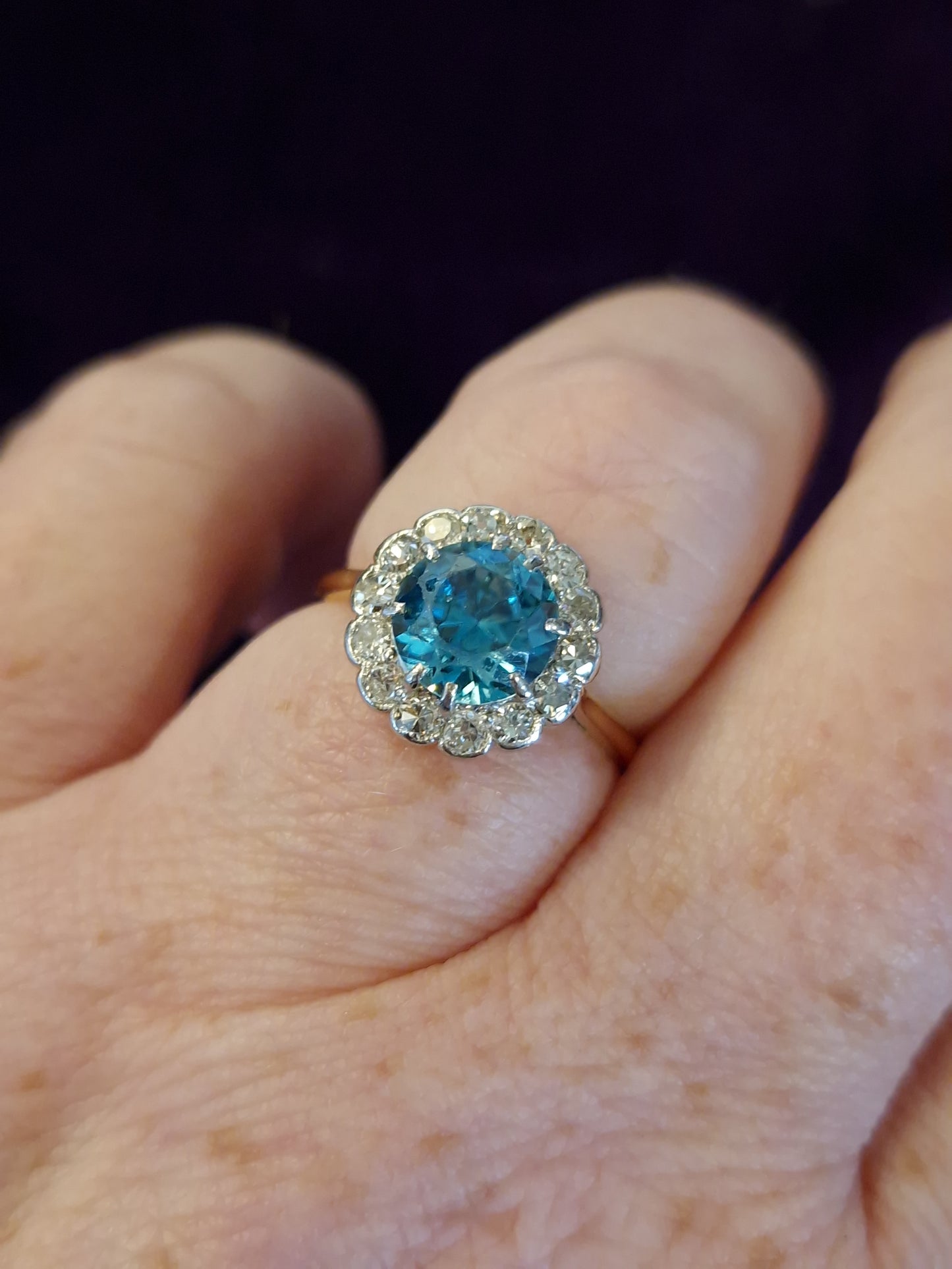 Vintage Blue Zircon Diamond Ring 18ct Gold Platinum