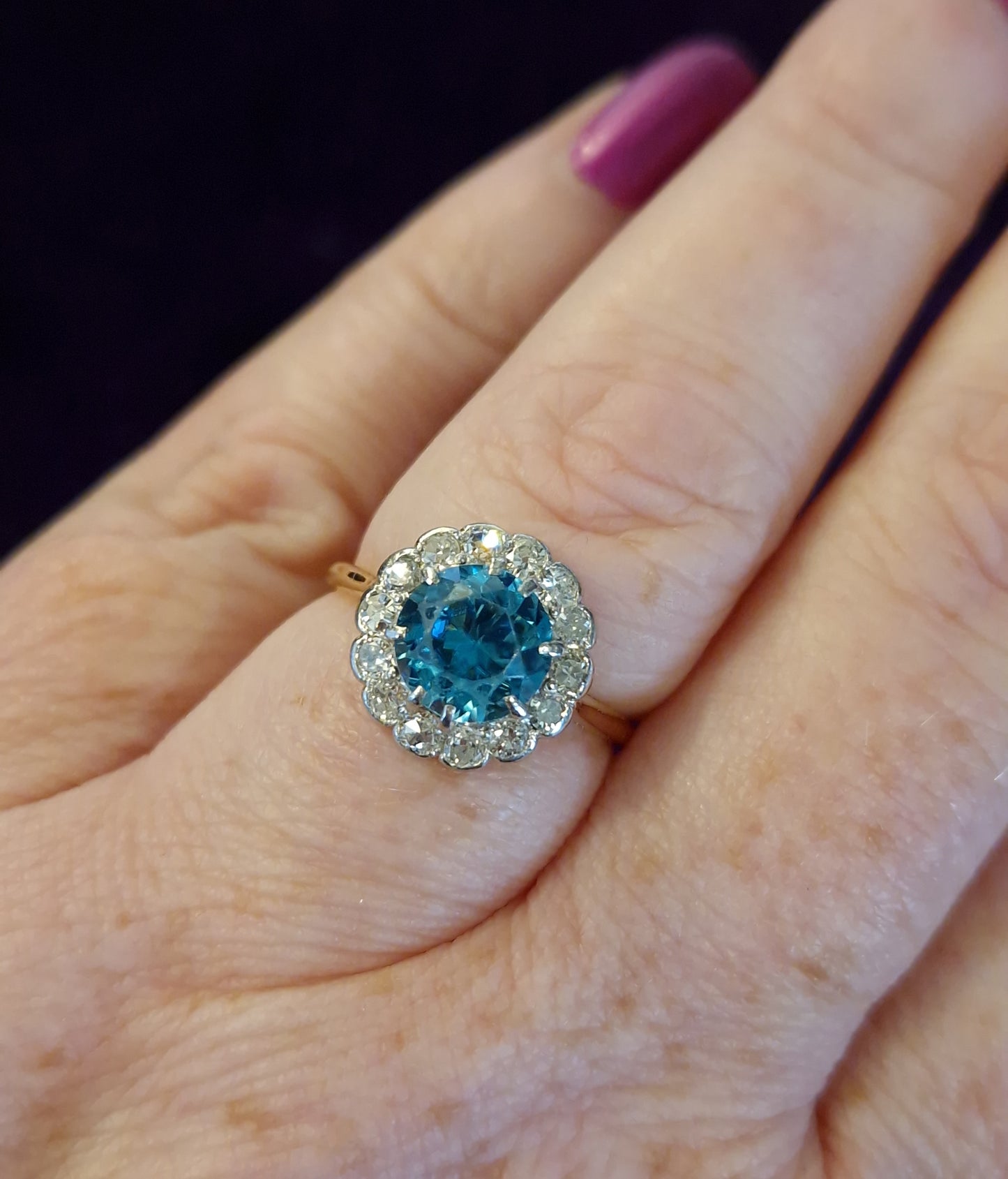 Vintage Blue Zircon Diamond Ring 18ct Gold Platinum