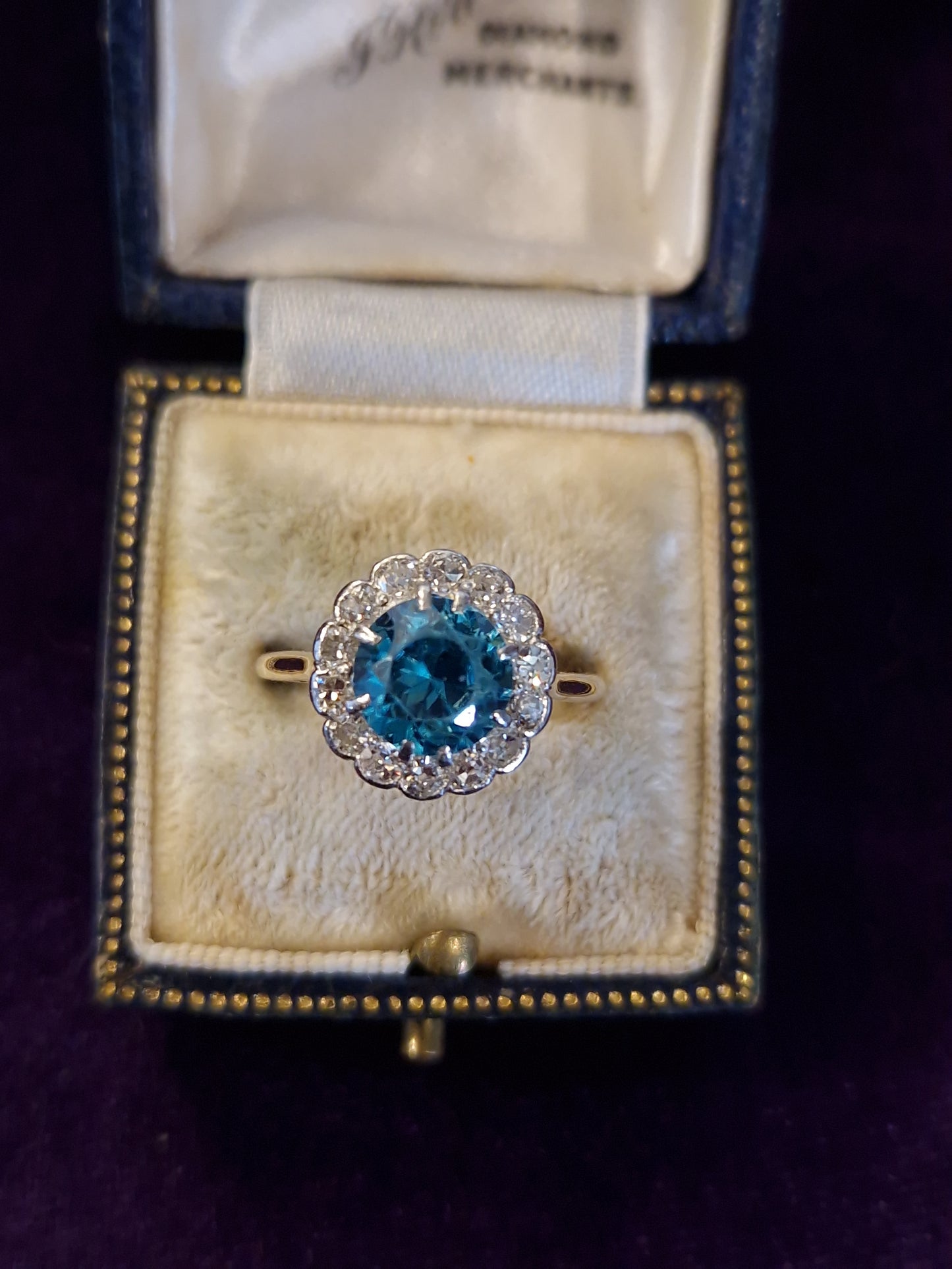 Vintage Blue Zircon Diamond Ring 18ct Gold Platinum