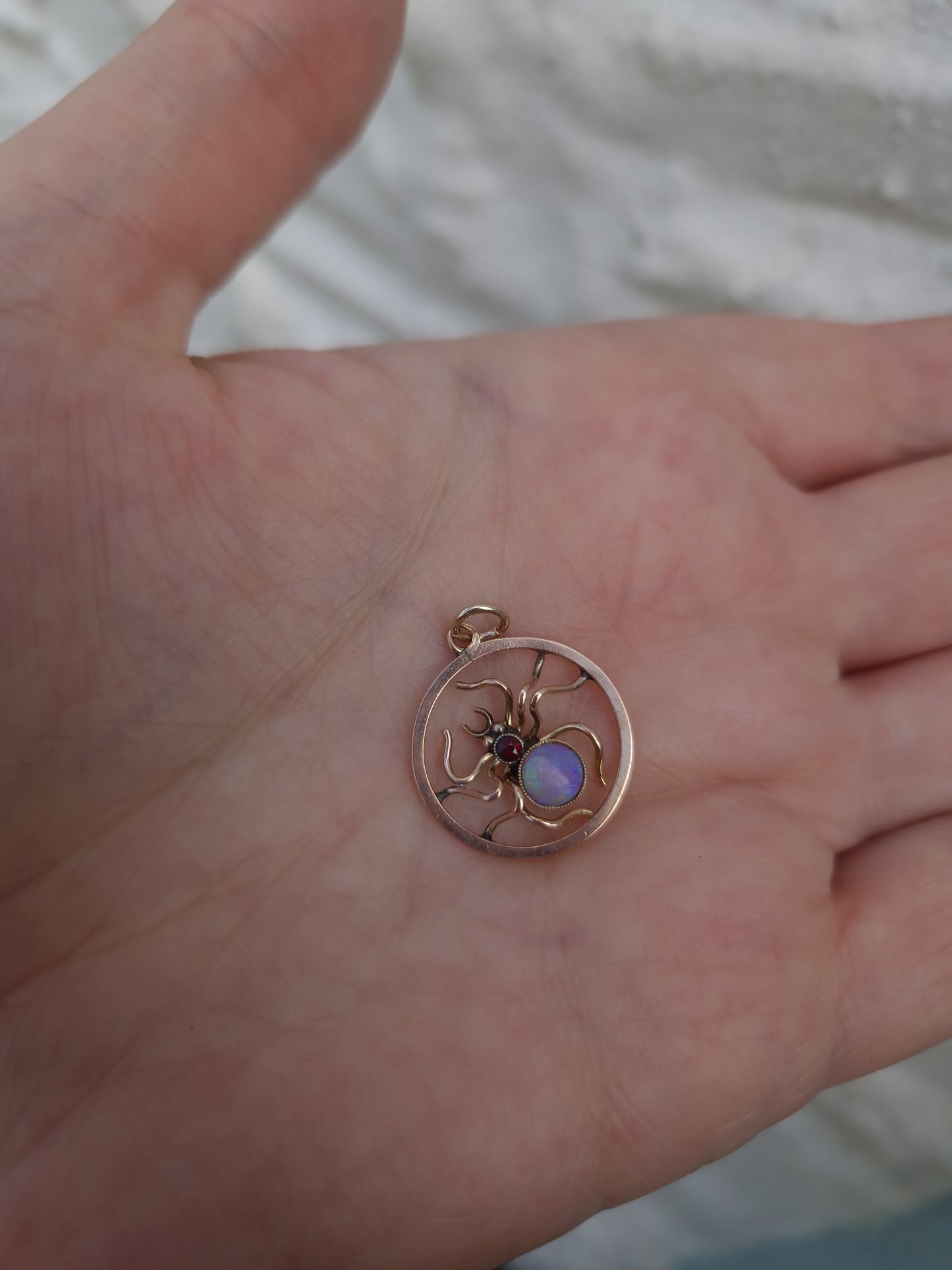 Antique Opal & Garnet Spider Pendant 9ct Gold