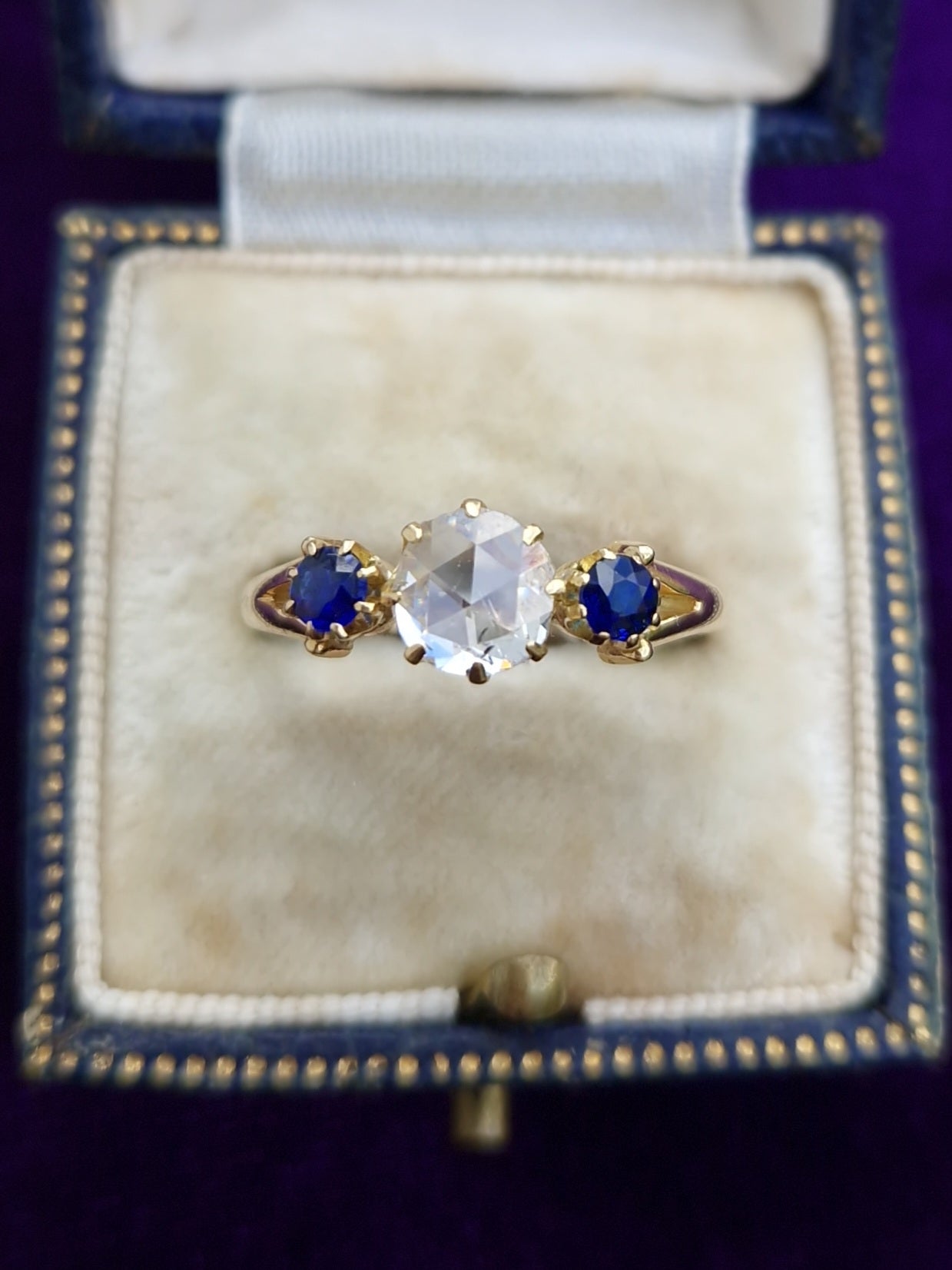 Antique Victorian Rose Cut Diamond & Sapphire 18ct Gold Trilogy Ring