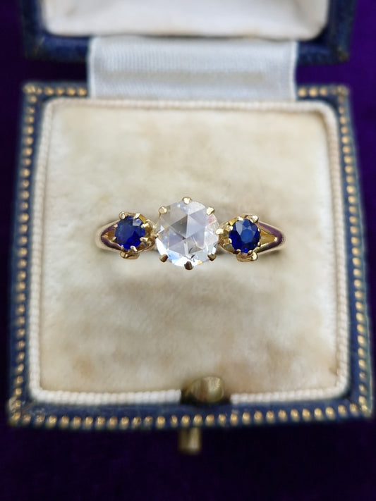 Antique Victorian Rose Cut Diamond & Sapphire 18ct Gold Trilogy Ring