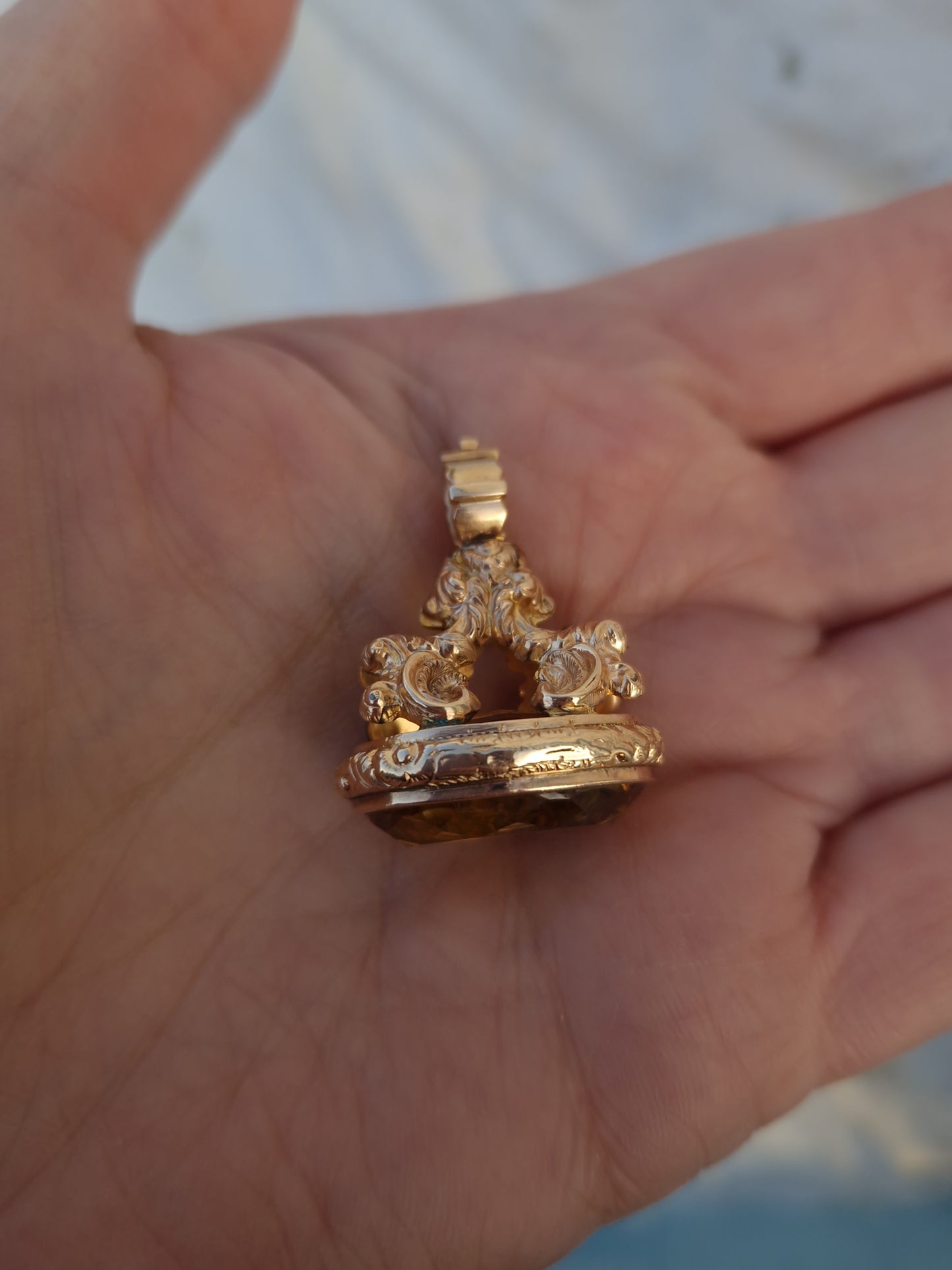 Antique Victorian Citrine Fob 9ct Gold Repousse