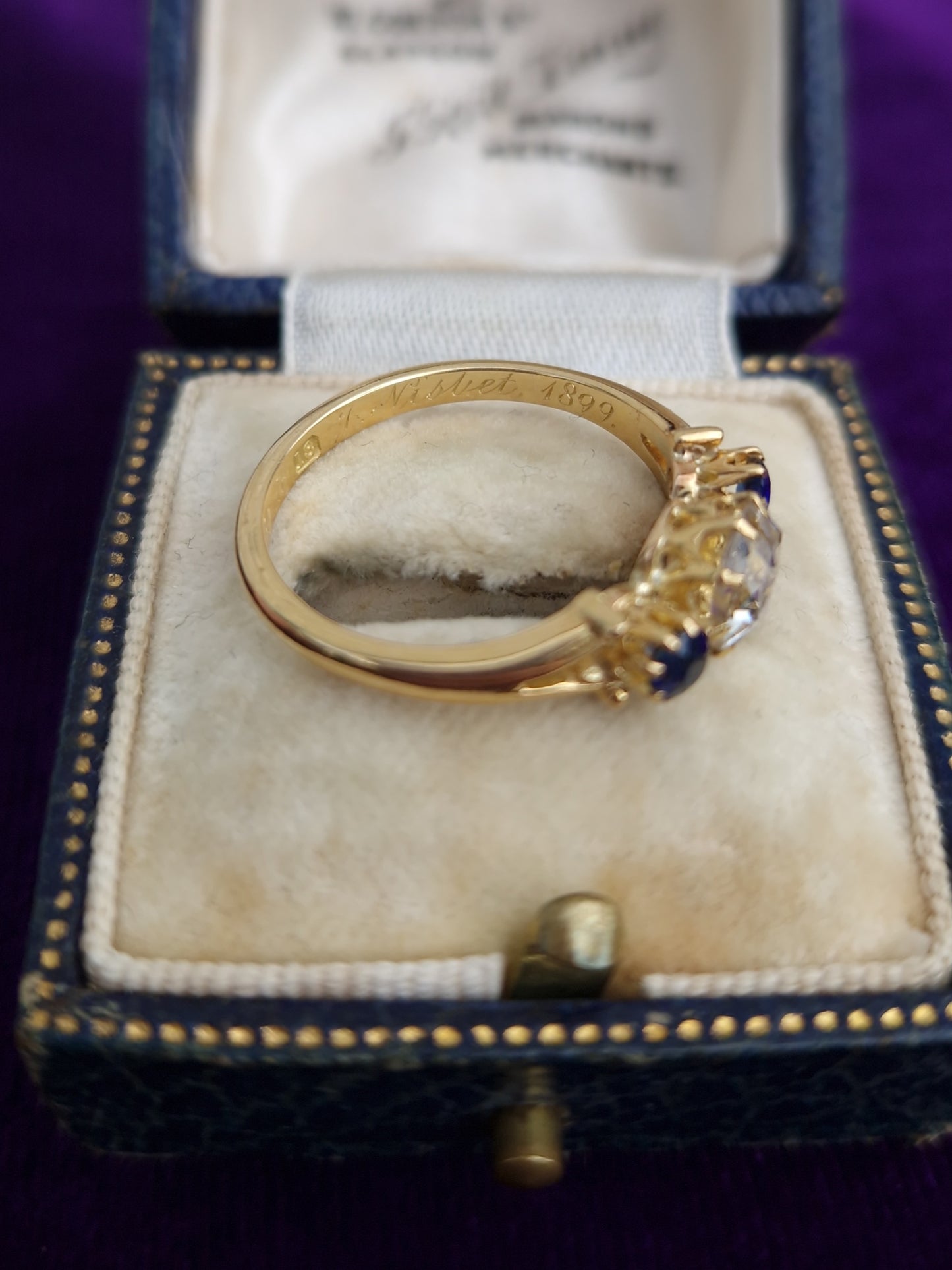Antique Victorian Rose Cut Diamond & Sapphire 18ct Gold Trilogy Ring