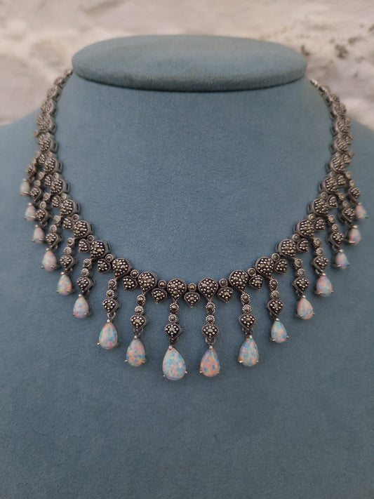 Silver Marcasite Opal Fringe Necklace