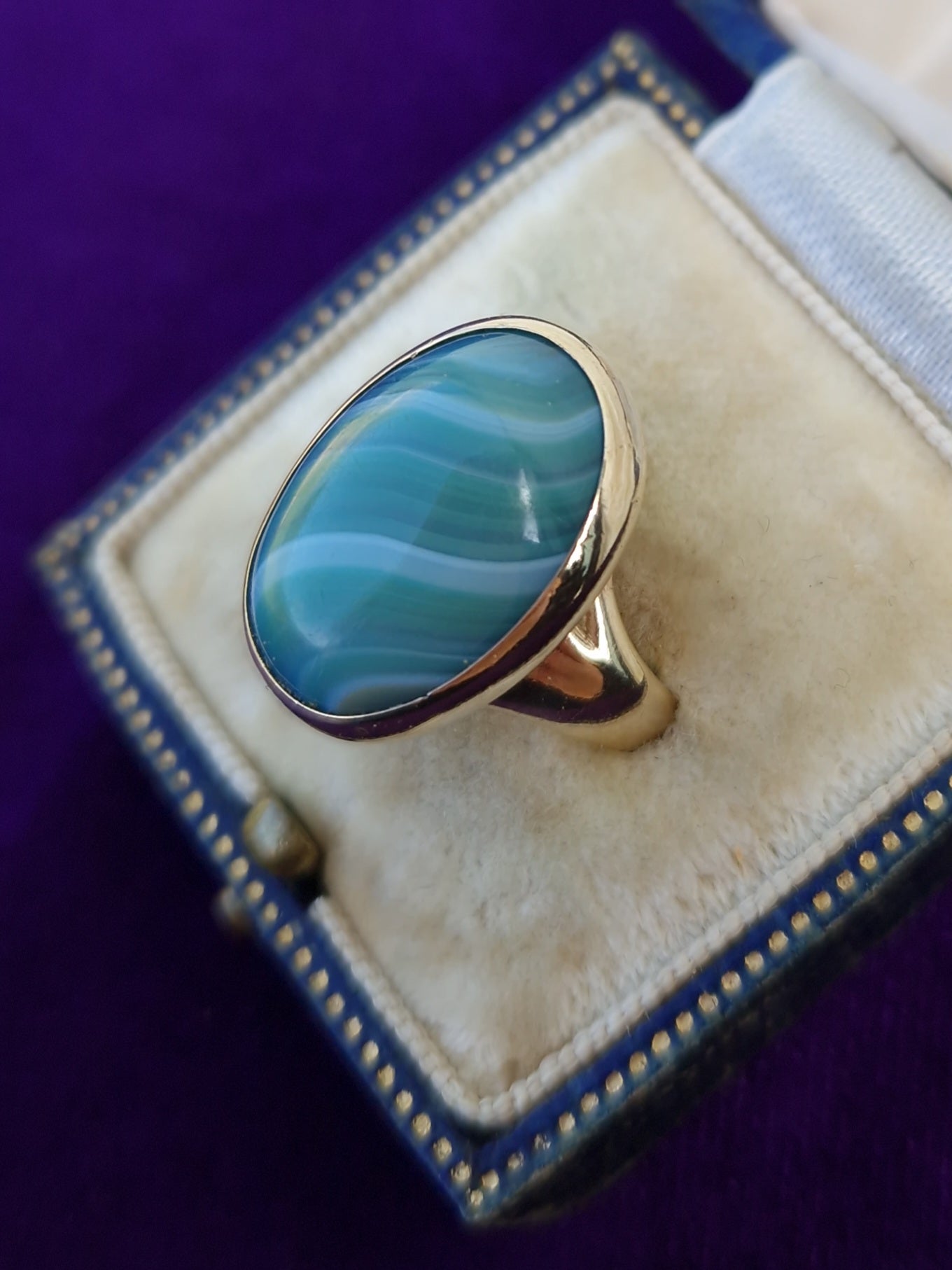 Vintage Green Banded Agate Ring 9ct Gold