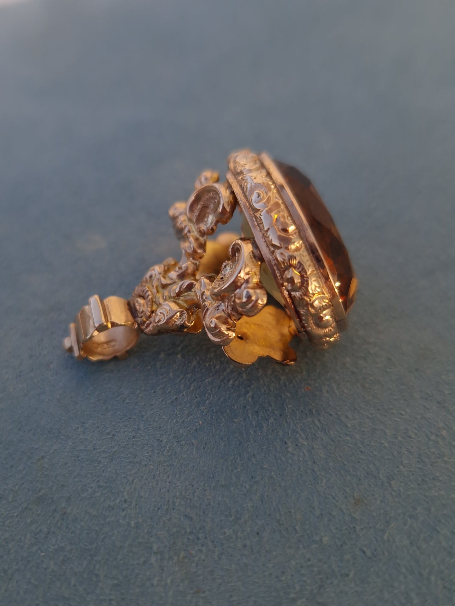 Antique Victorian Citrine Fob 9ct Gold Repousse