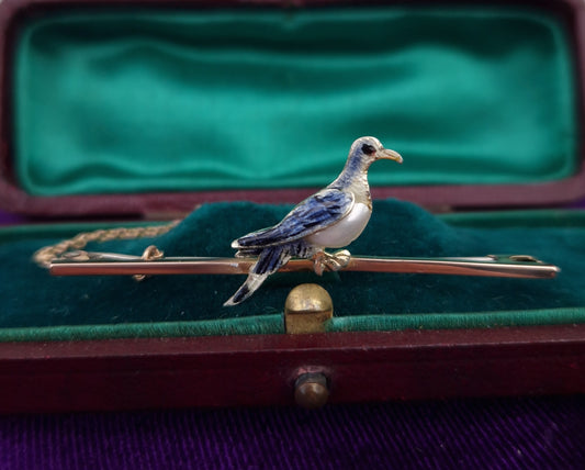 Antique Enamel & Pearl Pigeon Bar Brooch 9ct Gold