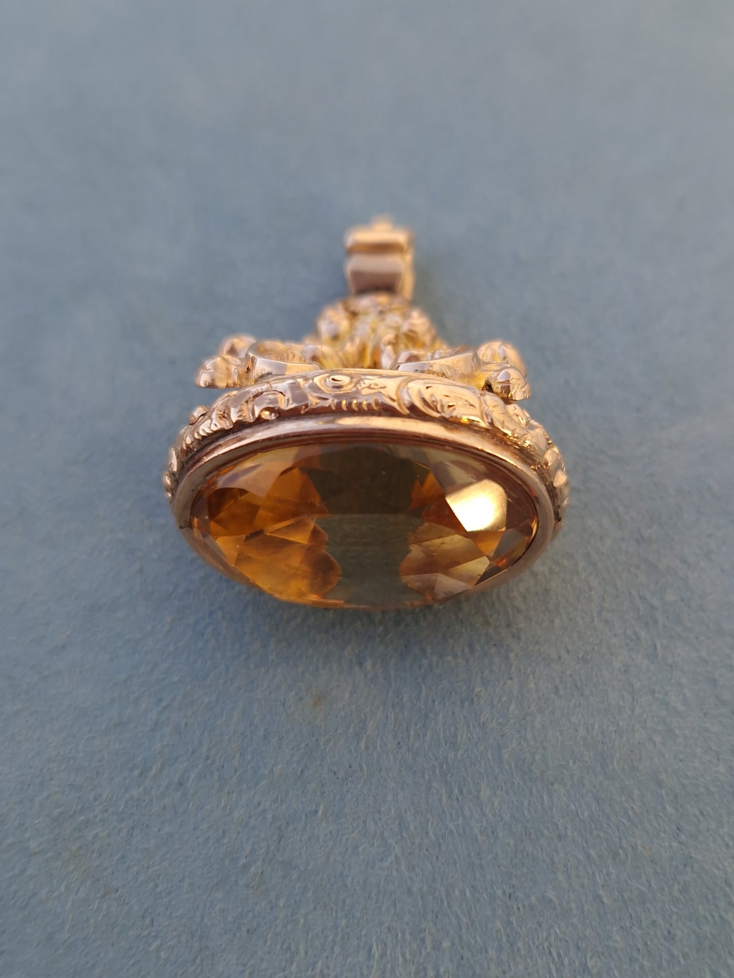 Antique Victorian Citrine Fob 9ct Gold Repousse