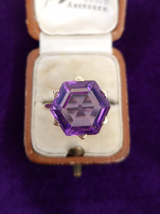 Vintage Hexagon Amethyst 9ct Gold Cocktail Ring