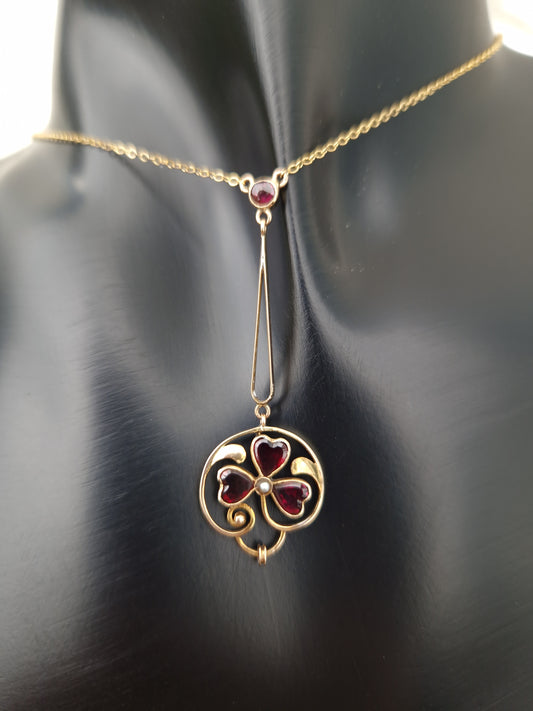 Antique Garnet Pearl Shamrock Necklace 9ct Gold
