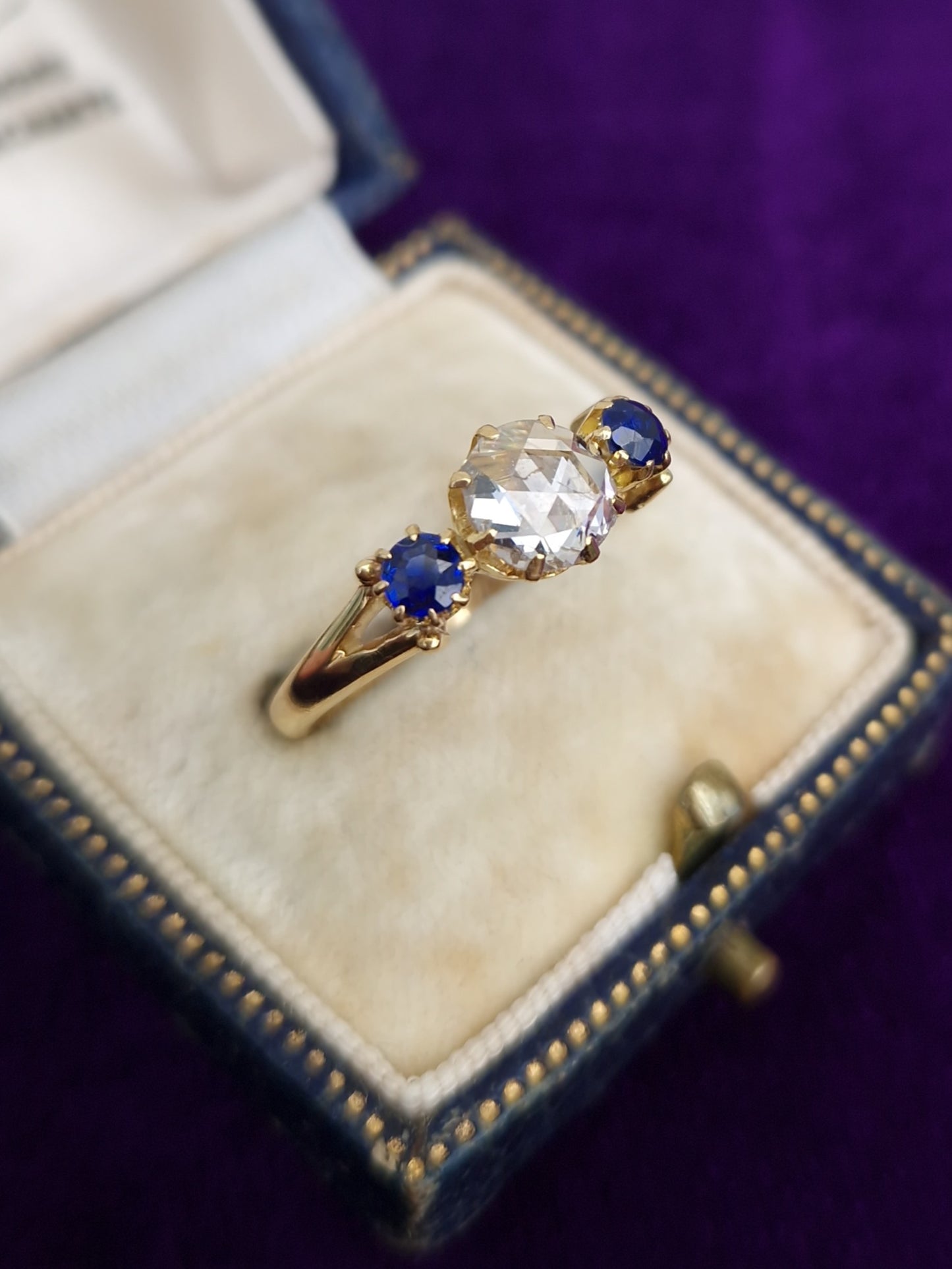 Antique Victorian Rose Cut Diamond & Sapphire 18ct Gold Trilogy Ring