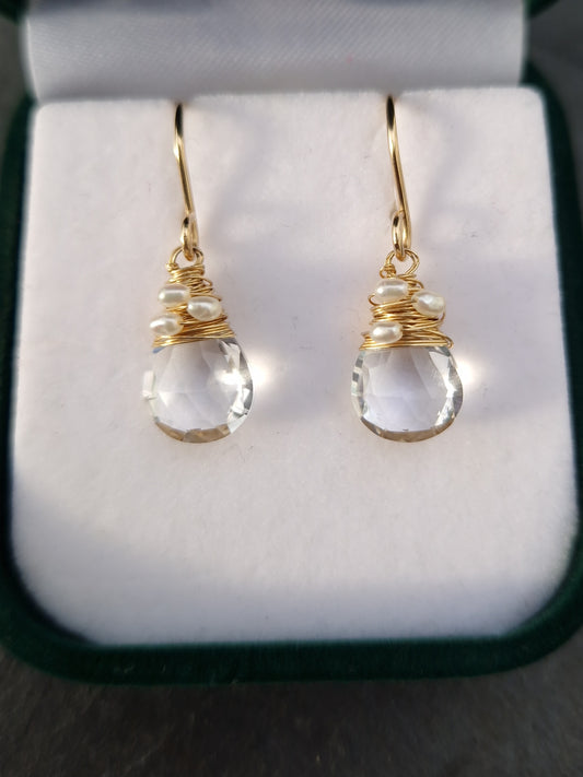 Rock Crystal Quartz & Pearl 9ct Gold Drop Earrings